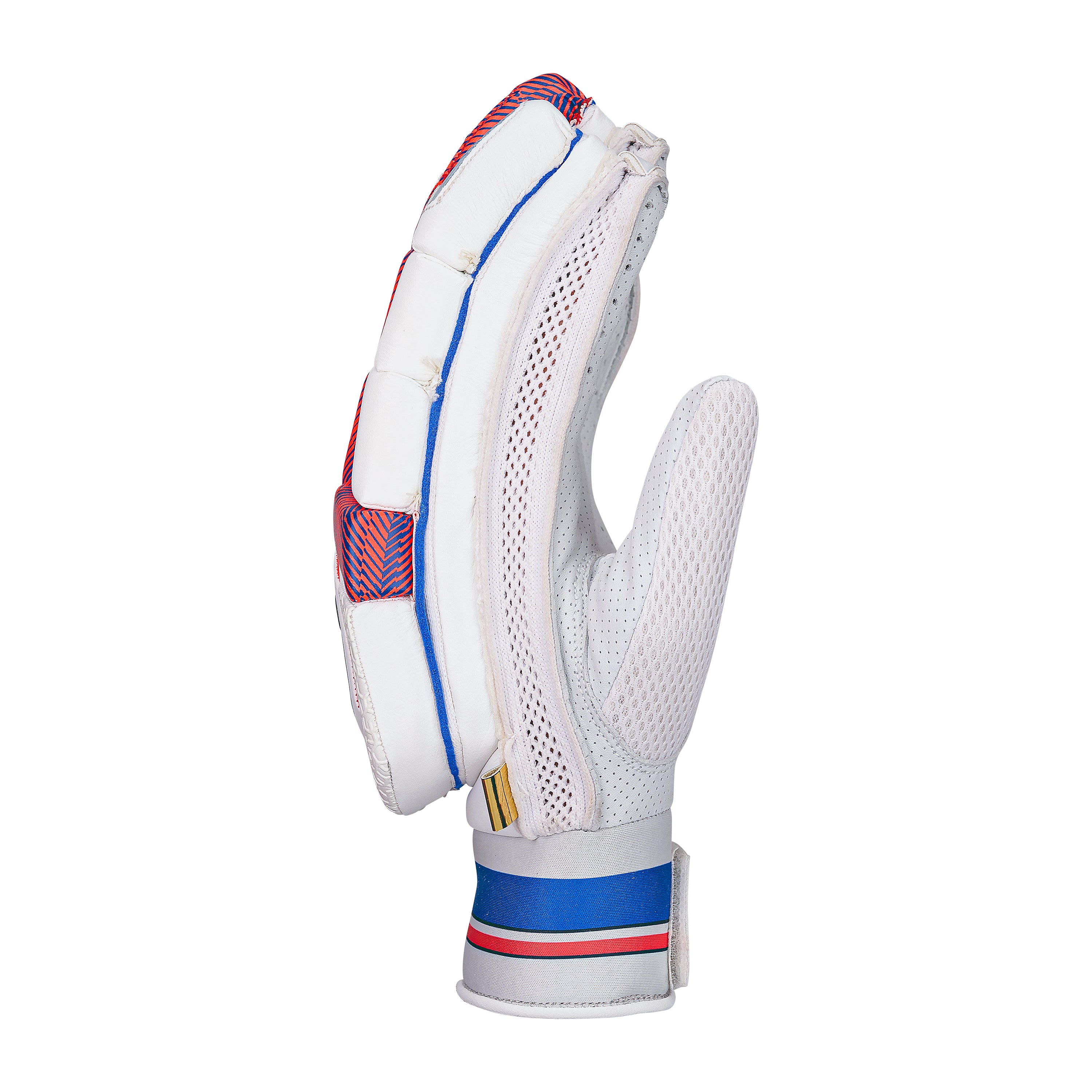 The Kookaburra Rapid Pro Batting Gloves 2026 by Kookaburra stand upright on a white background, featuring red and blue accents, mesh details, a wrist strap with blue and red stripes, and a sheep leather palm for superior grip.
