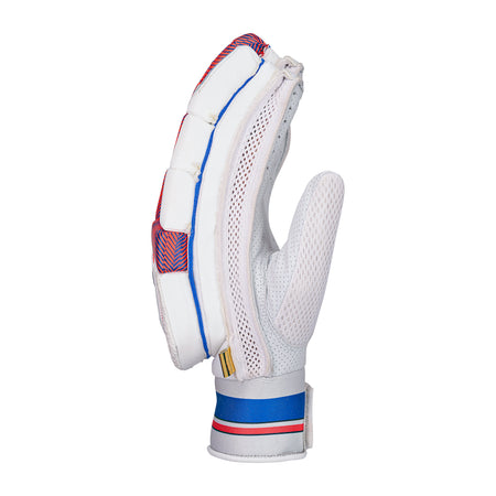 The Kookaburra Rapid Pro Batting Gloves 2026 by Kookaburra stand upright on a white background, featuring red and blue accents, mesh details, a wrist strap with blue and red stripes, and a sheep leather palm for superior grip.