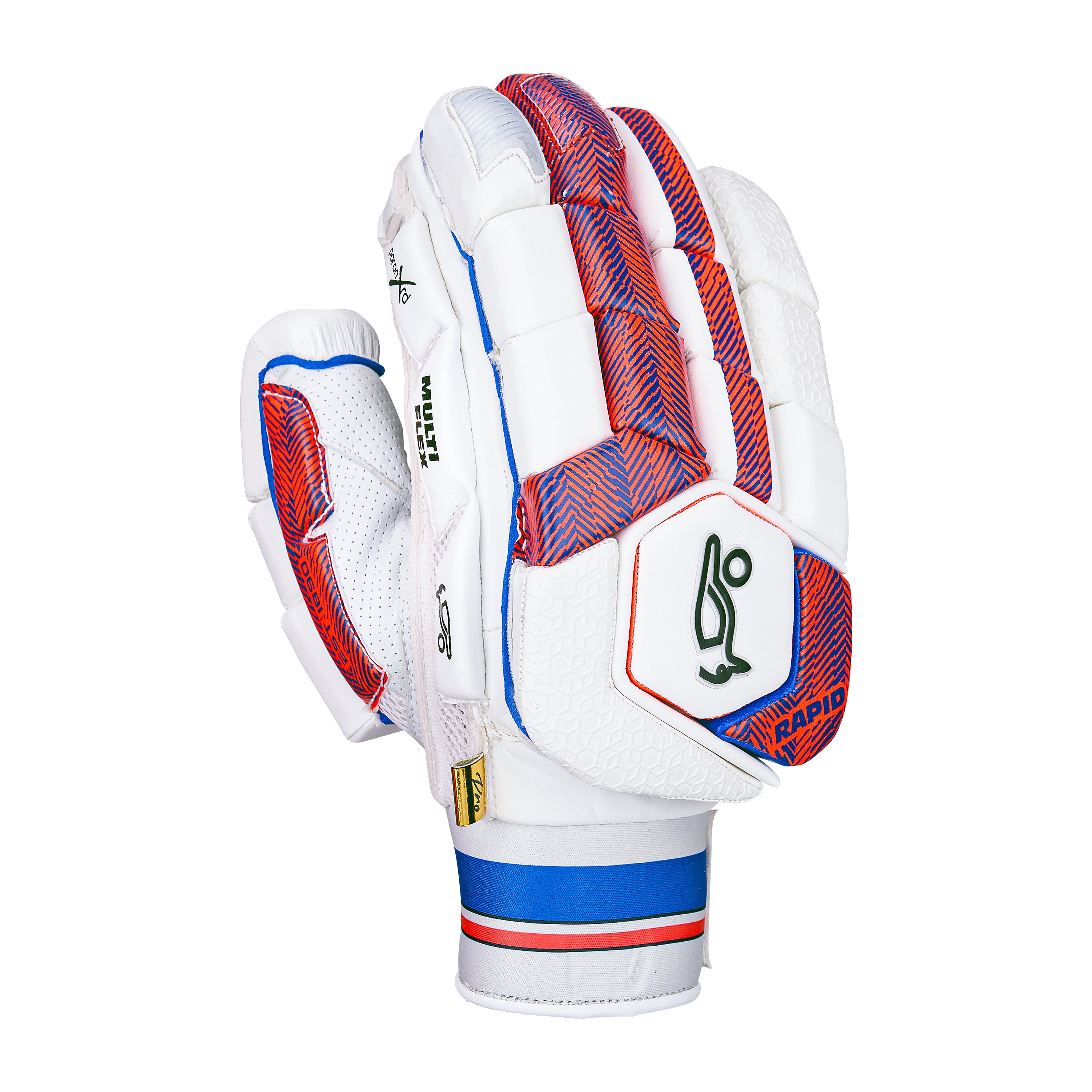 The Kookaburra Rapid Pro Batting Gloves 2026 feature a white design with red and blue accents, textured grip, logo on the back, sheep leather palm, Poron XRD protection, and a red, blue, and white striped wristband. Shown upright and closed.
