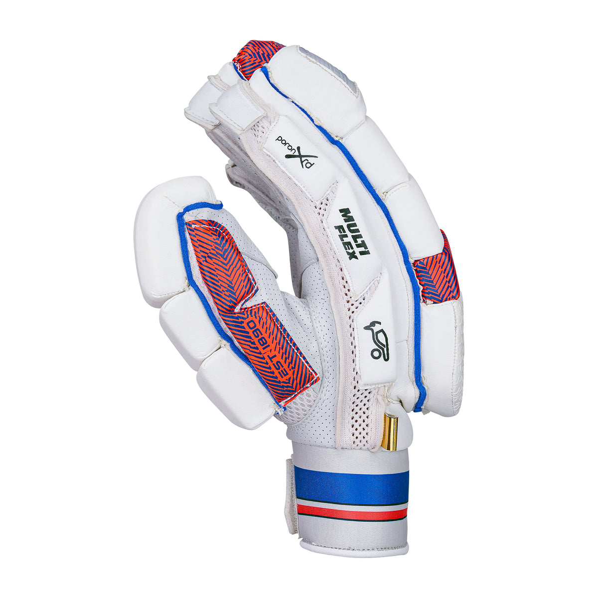 The Kookaburra Rapid Pro Batting Glove 2026 by Kookaburra is white with red and blue accents, features padding, mesh ventilation, a sheep leather palm, and a secure wrist strap. The glove stands upright with fingers slightly bent.
