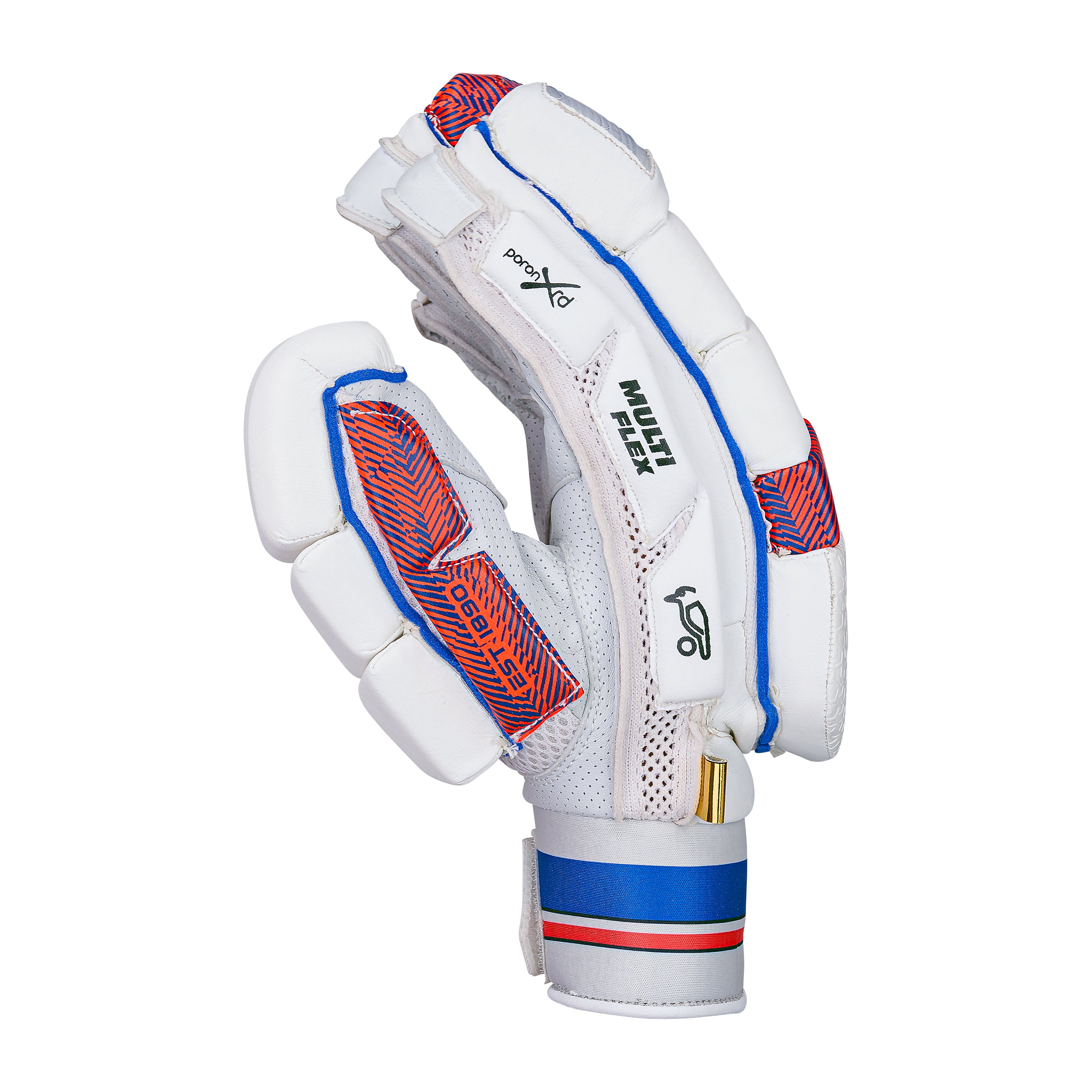 The Kookaburra Rapid Pro Batting Glove 2026 by Kookaburra is white with red and blue accents, features padding, mesh ventilation, a sheep leather palm, and a secure wrist strap. The glove stands upright with fingers slightly bent.