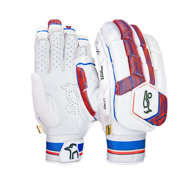 The Kookaburra Rapid Pro Batting Gloves 2026, featuring red and blue accents, black logos, ventilated perforated fingers, and a durable sheep leather palm, are shown in palm and back view against a plain white background.