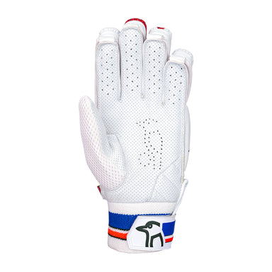 The Kookaburra Rapid 2.1 Batting Gloves 2026, in white, feature perforated details, blue, red, and orange stripes on the wrist strap, and an elephant logo on the closure strap, shown with the palm facing up.