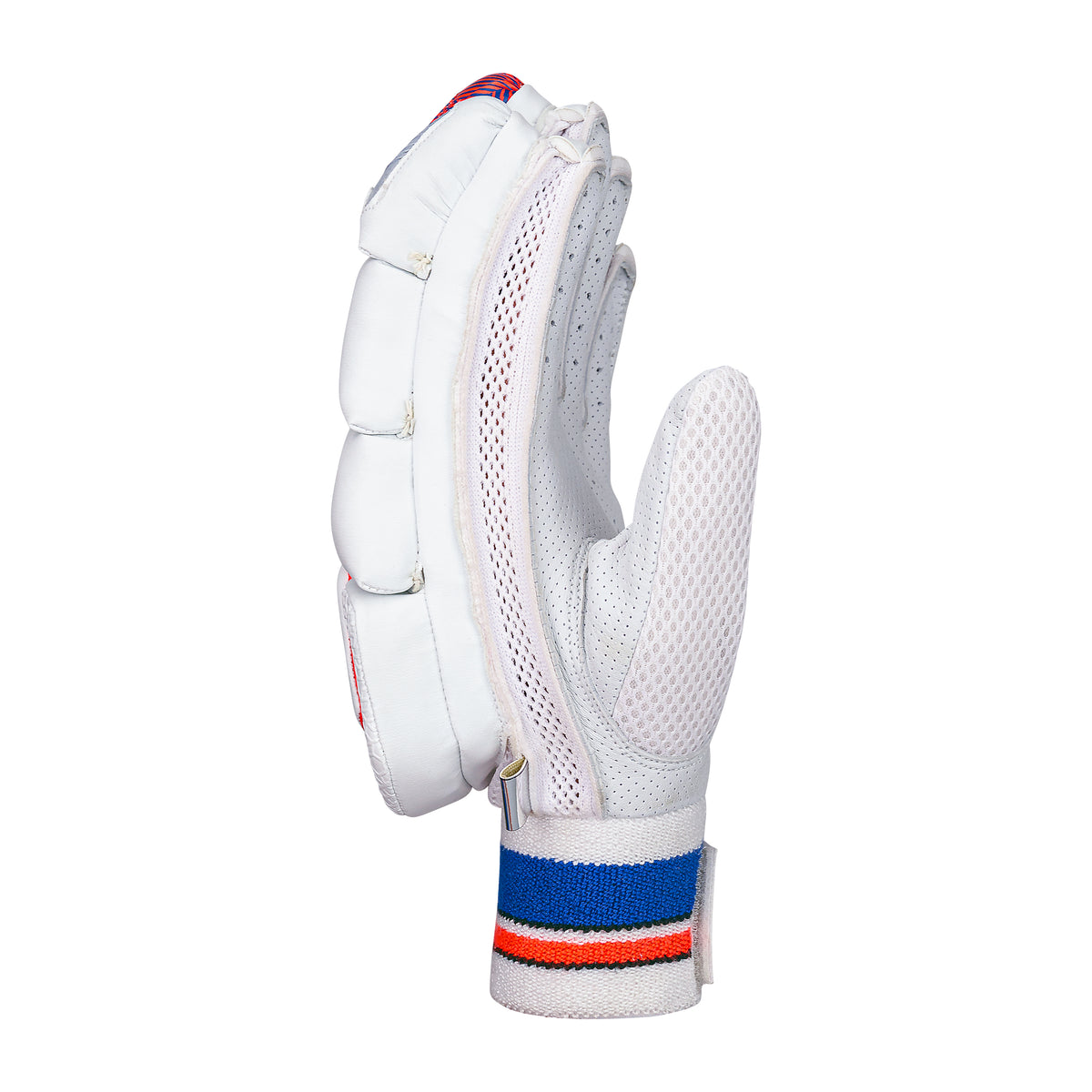 A single Kookaburra Rapid 2.1 Batting Glove 2026 stands upright on its wrist, featuring mesh ventilation and blue, red, and orange stripes on the wristband, isolated on a white background.