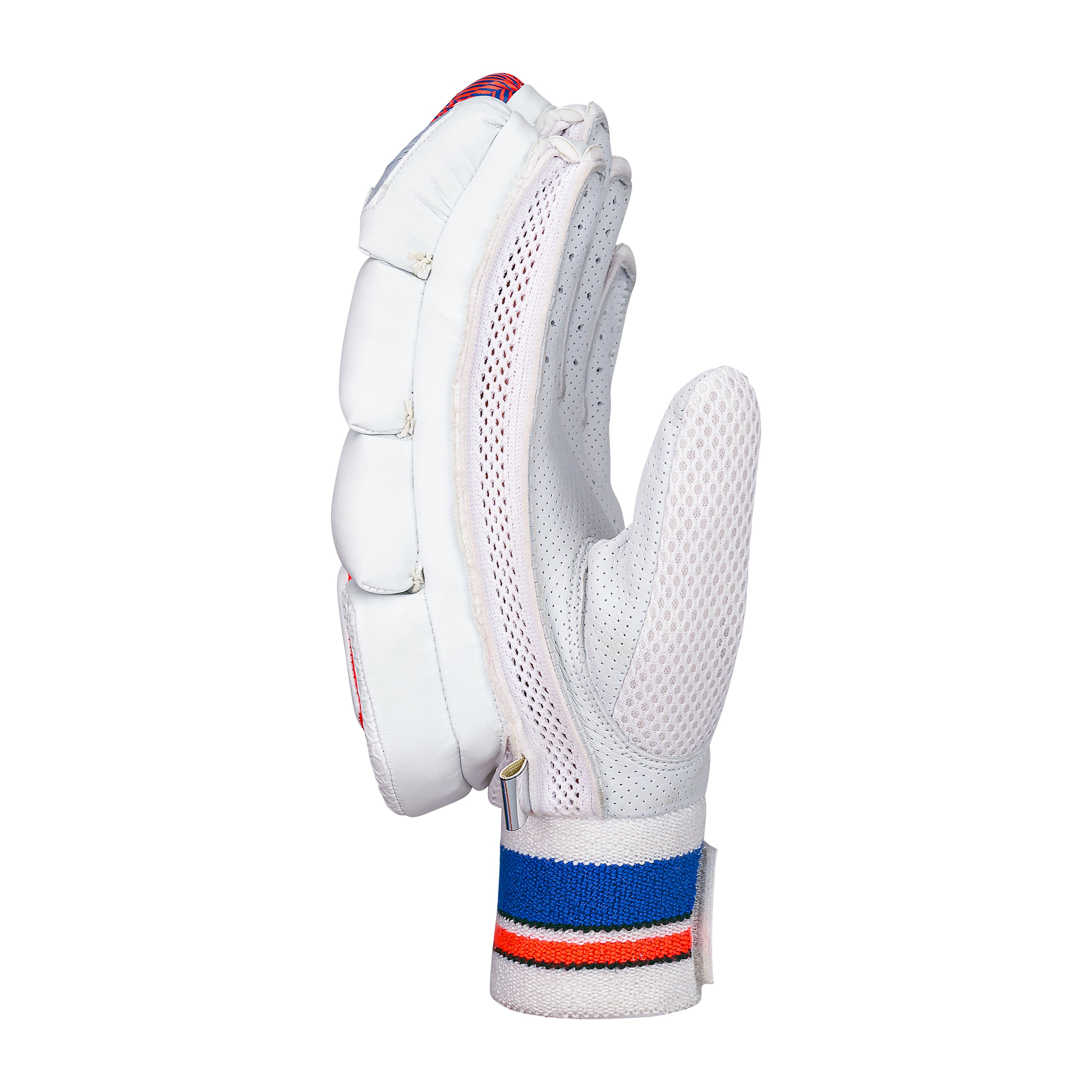 A single Kookaburra Rapid 2.1 Batting Glove 2026 stands upright on its wrist, featuring mesh ventilation and blue, red, and orange stripes on the wristband, isolated on a white background.