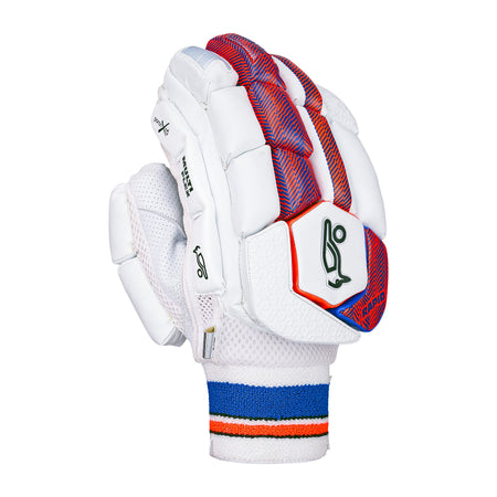 The Kookaburra Rapid 2.1 Batting Gloves 2026 feature a white design with red and blue accents, textured padding, and Kookaburra logos on the wrist and knuckles—ideal cricket gloves for dedicated batters.
