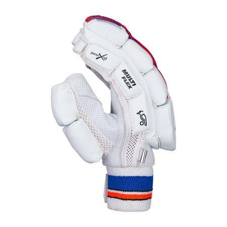 A single Kookaburra Rapid 2.1 Batting Glove 2026 in white, featuring padded fingers, mesh ventilation, red and blue wrist strap trim, and Kookaburra branding on the back, shown against a white background.
