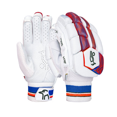 The Kookaburra Rapid 2.1 Batting Gloves 2026 feature white with red and blue accents, mesh ventilation, and the Kookaburra bird logo on the wrist straps. Both palm-up and palm-down views are shown.