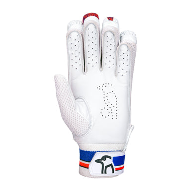 The Kookaburra Rapid 4.1 Batting Glove 2026 features a white design with leather palm, ventilating perforations, mesh thumb, and a wrist strap with red, blue, and white stripes plus an elephant logo; shown palm facing forward.