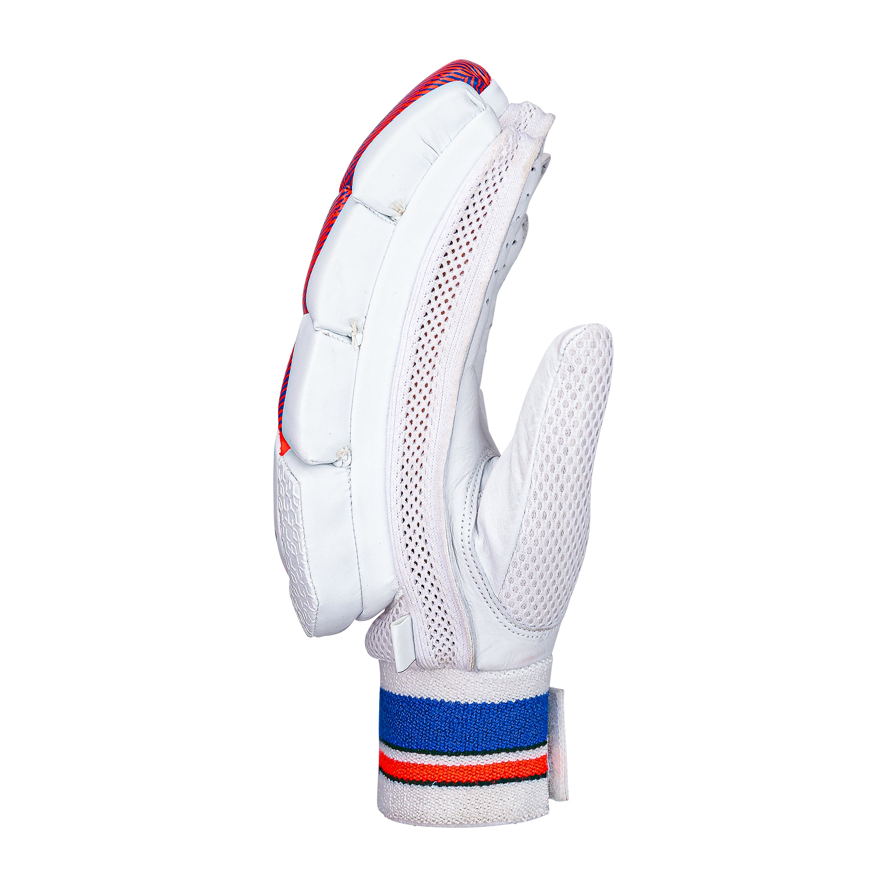 A single Kookaburra Rapid 4.1 Batting Glove 2026 by Kookaburra is shown upright from the side on a white background, featuring a durable leather palm, padded back, mesh ventilation, and a blue, red & black striped wrist strap.