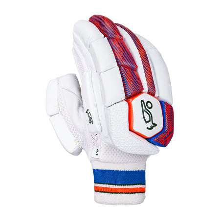 The Kookaburra Rapid 4.1 Batting Gloves 2026 feature a white design with red and blue accents, padded fingers, a textured leather palm, the Kookaburra logo on the back, and a stylish wristband with blue, orange, and black stripes.