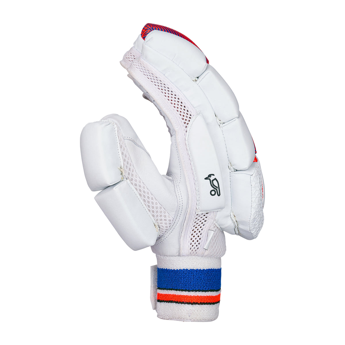 The Kookaburra Rapid 4.1 Batting Gloves 2026 by Kookaburra are white padded cricket gloves with blue and red accents, featuring mesh ventilation, a Velcro wrist strap, and a durable leather palm.