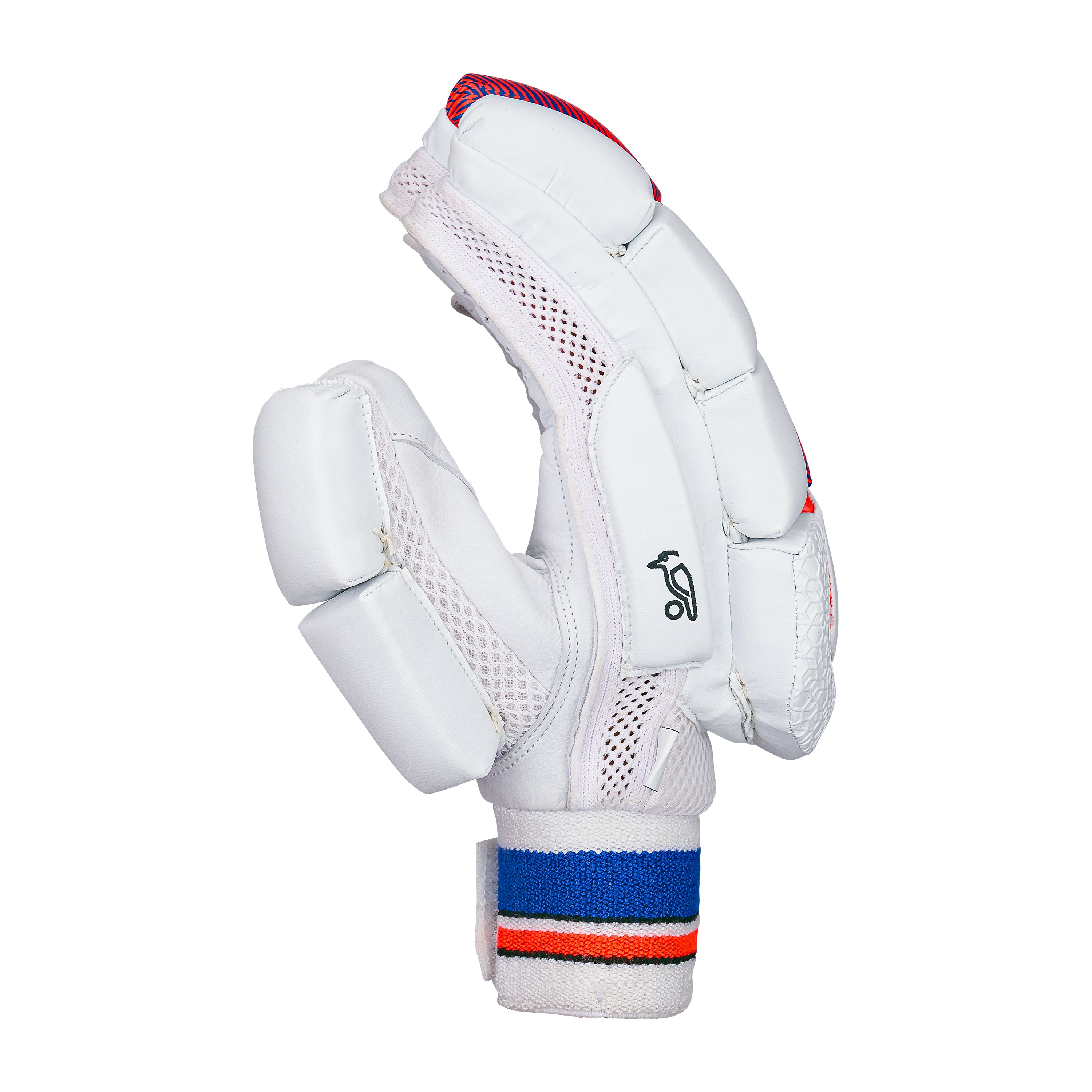 The Kookaburra Rapid 4.1 Batting Gloves 2026 by Kookaburra are white padded cricket gloves with blue and red accents, featuring mesh ventilation, a Velcro wrist strap, and a durable leather palm.