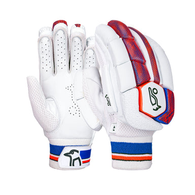 The Kookaburra Rapid 4.1 Batting Gloves 2026 feature a white design with red and blue accents, leather palm with textured grip, perforated ventilation, padded knuckles, and a black logo on the wrist strap.