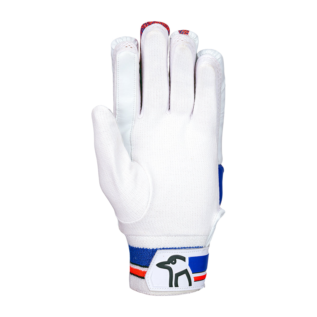 The Kookaburra Rapid 6.1 Batting Gloves 2026 are entry-level white junior cricket gloves with blue and red wrist strap stripes and a small grey elephant logo, shown palm-side down on a white background—ideal for young players’ protection.