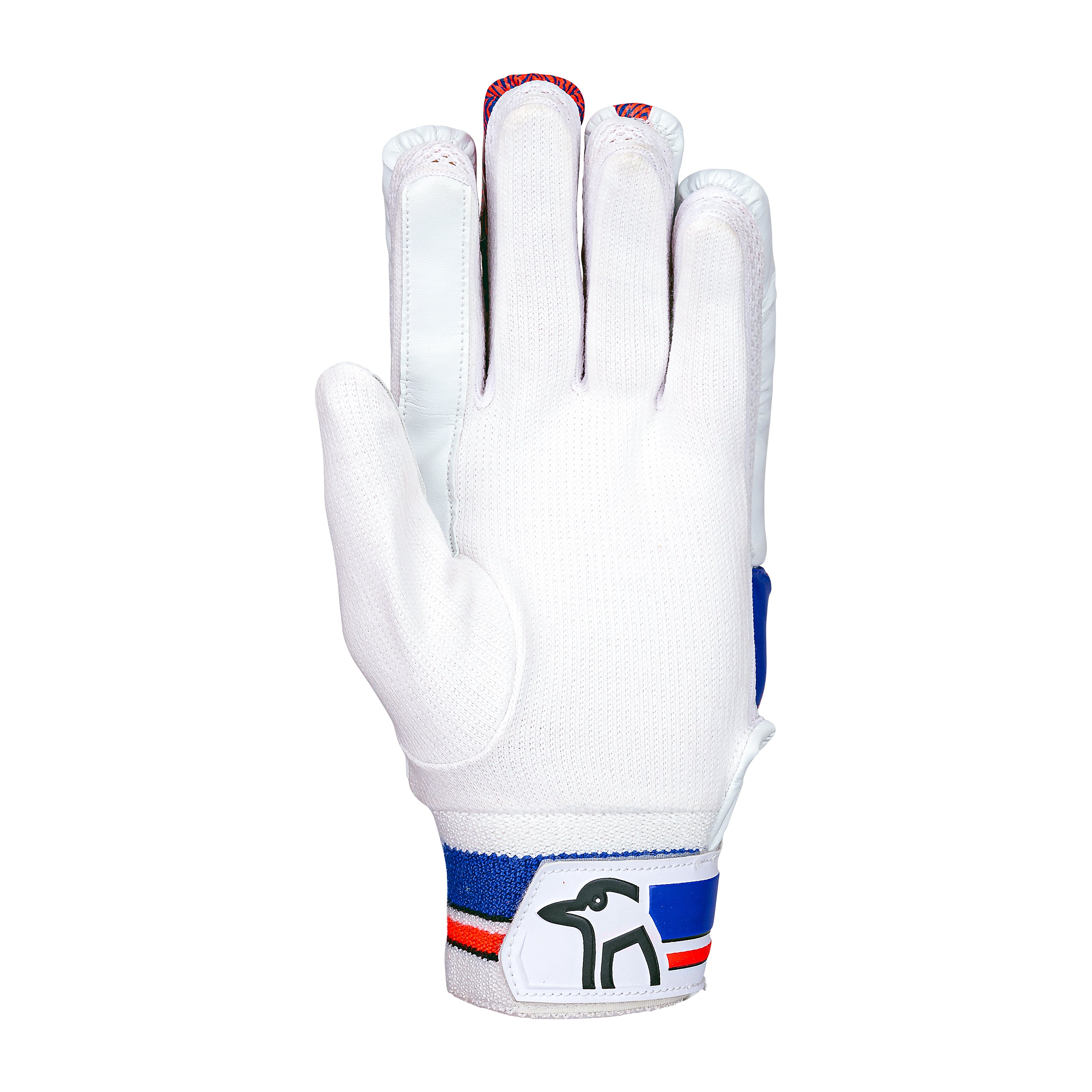 The Kookaburra Rapid 6.1 Batting Gloves 2026 are entry-level white junior cricket gloves with blue and red wrist strap stripes and a small grey elephant logo, shown palm-side down on a white background—ideal for young players’ protection.