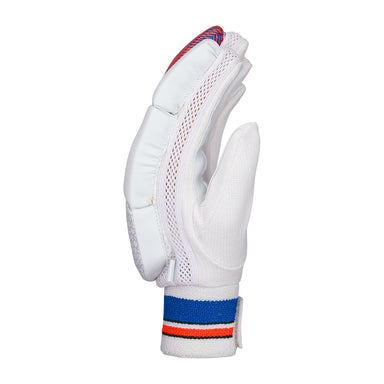 The Kookaburra Rapid 6.1 Batting Gloves 2026, shown from the side, feature padded protection, mesh ventilation, and a wrist strap with blue, red, and black stripes—perfect entry-level junior cricket gloves.