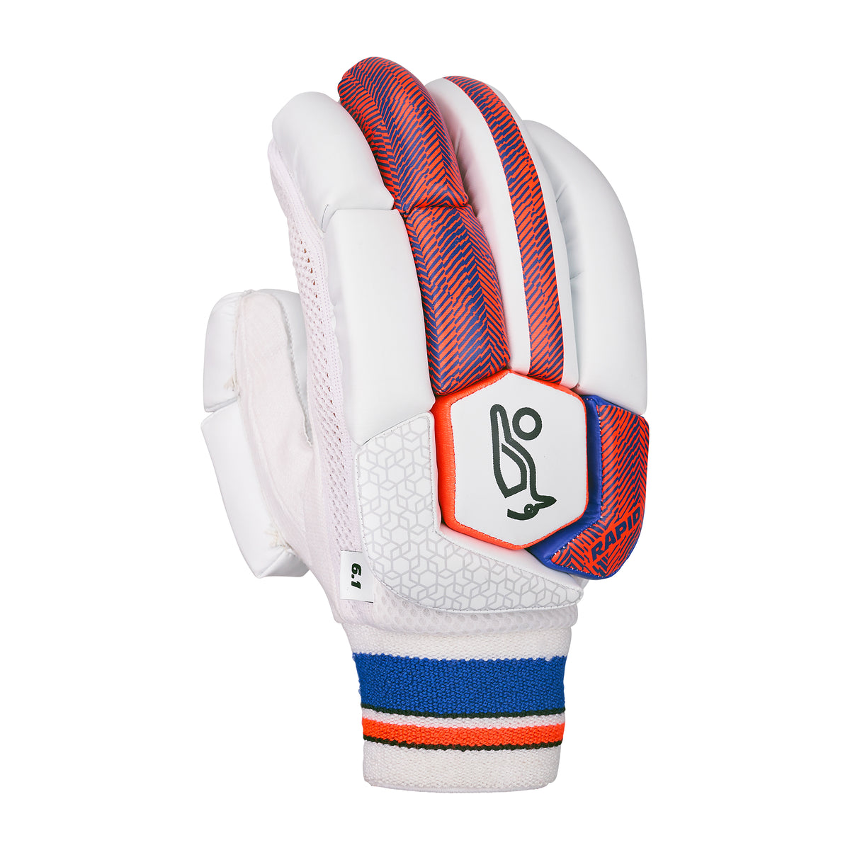 The Kookaburra Rapid 6.1 Batting Gloves 2026, in white with red, blue, and white stripes, offer reliable junior cricket protection—ideal entry-level gloves for aspiring young players.