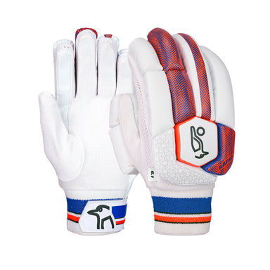 The Kookaburra Rapid 6.1 Batting Gloves 2026 feature padded fingers, red and blue accents, textured grips, colorful striped wristbands, and a stylized bird logo—offering junior cricket players entry-level protection.