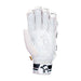 The Kookaburra Prism Pro Batting Gloves 2026 are white with perforated details, black/green wrist strap accents, and a black bird logo. Mesh ventilation on the palm adds comfort and pro-level impact protection.