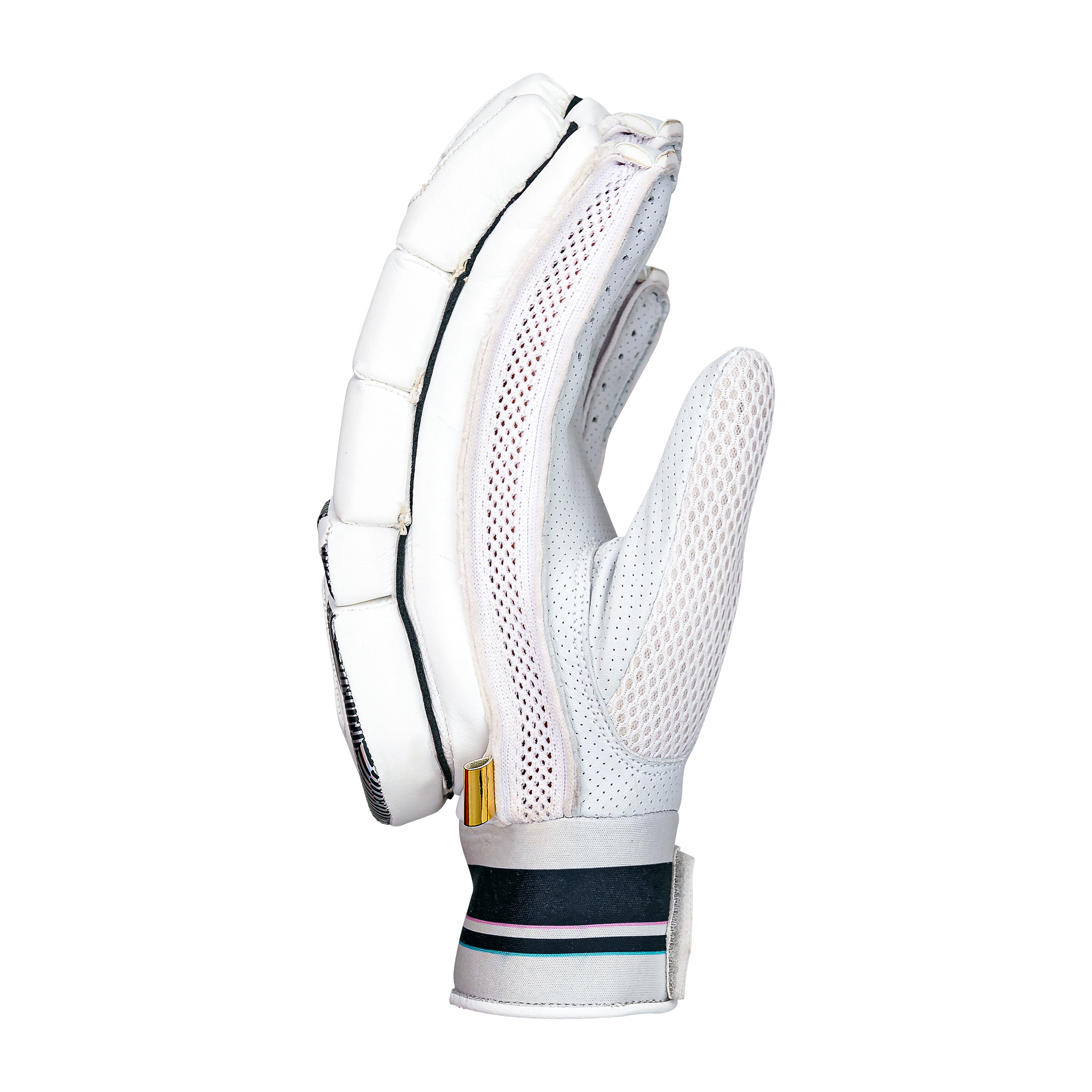 The Kookaburra Prism Pro Batting Glove 2026 by Kookaburra features padded fingers for impact protection, ventilating mesh sections, and a black-striped wrist strap, displayed upright against a plain white background.