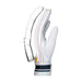 The Kookaburra Prism Pro Batting Glove 2026 by Kookaburra features padded fingers for impact protection, ventilating mesh sections, and a black-striped wrist strap, displayed upright against a plain white background.