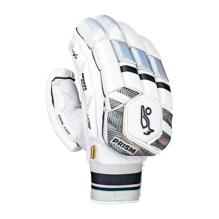 The Kookaburra Prism Pro Batting Gloves 2026 by Kookaburra feature a white design with black and silver accents, thick impact-absorbing padding, a secure wrist strap, and the brand’s black logo displayed on the back. Gloves are shown upright, fingers curled inward.