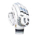 The Kookaburra Prism Pro Batting Gloves 2026 by Kookaburra feature a white design with black and silver accents, thick impact-absorbing padding, a secure wrist strap, and the brand’s black logo displayed on the back. Gloves are shown upright, fingers curled inward.