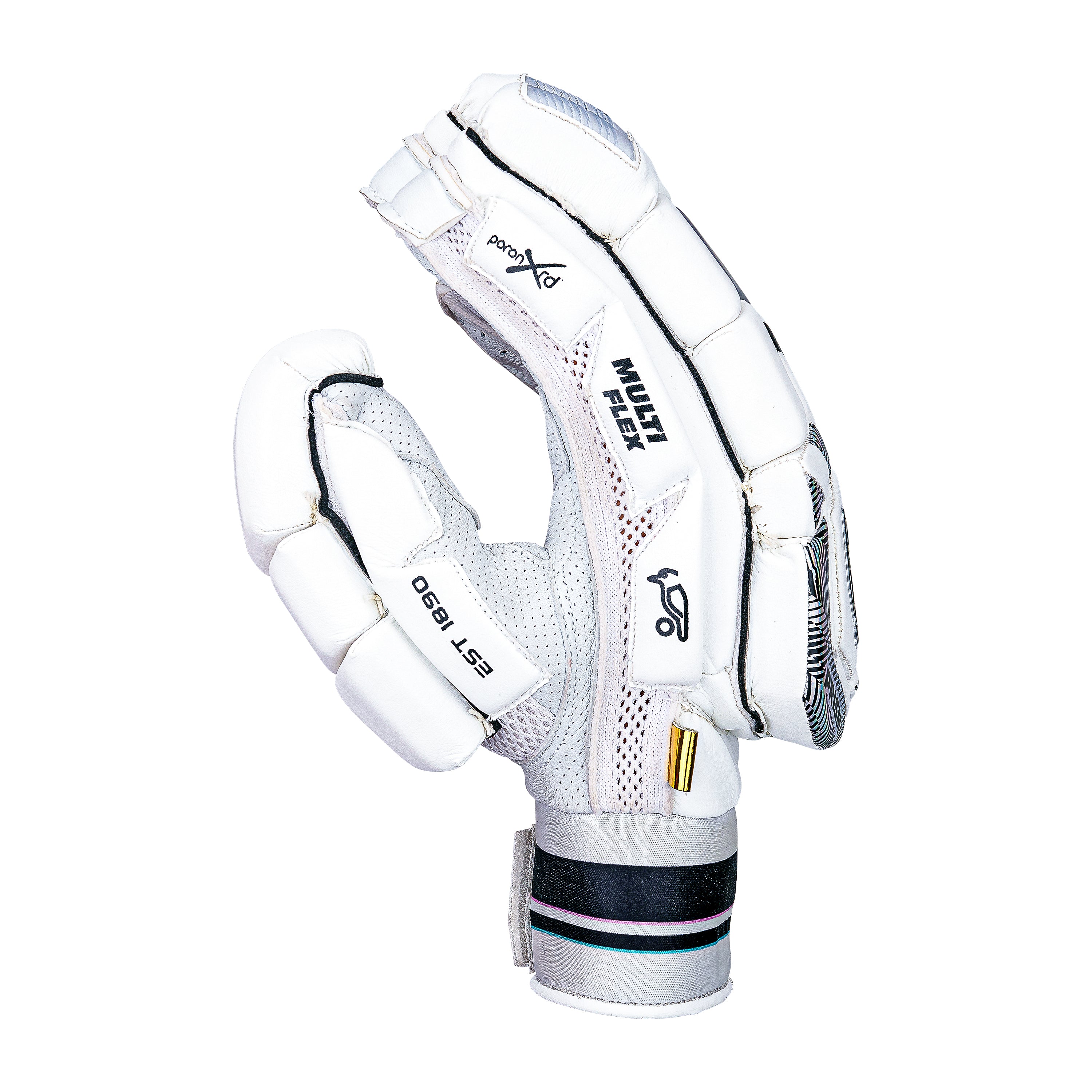 The Kookaburra Prism Pro Batting Gloves 2026, in white with black and silver accents, offer padded fingers for protection, mesh ventilation, and a Velcro wrist strap. Shown upright against a plain white background.