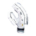 The Kookaburra Prism Pro Batting Gloves 2026, in white with black and silver accents, offer padded fingers for protection, mesh ventilation, and a Velcro wrist strap. Shown upright against a plain white background.