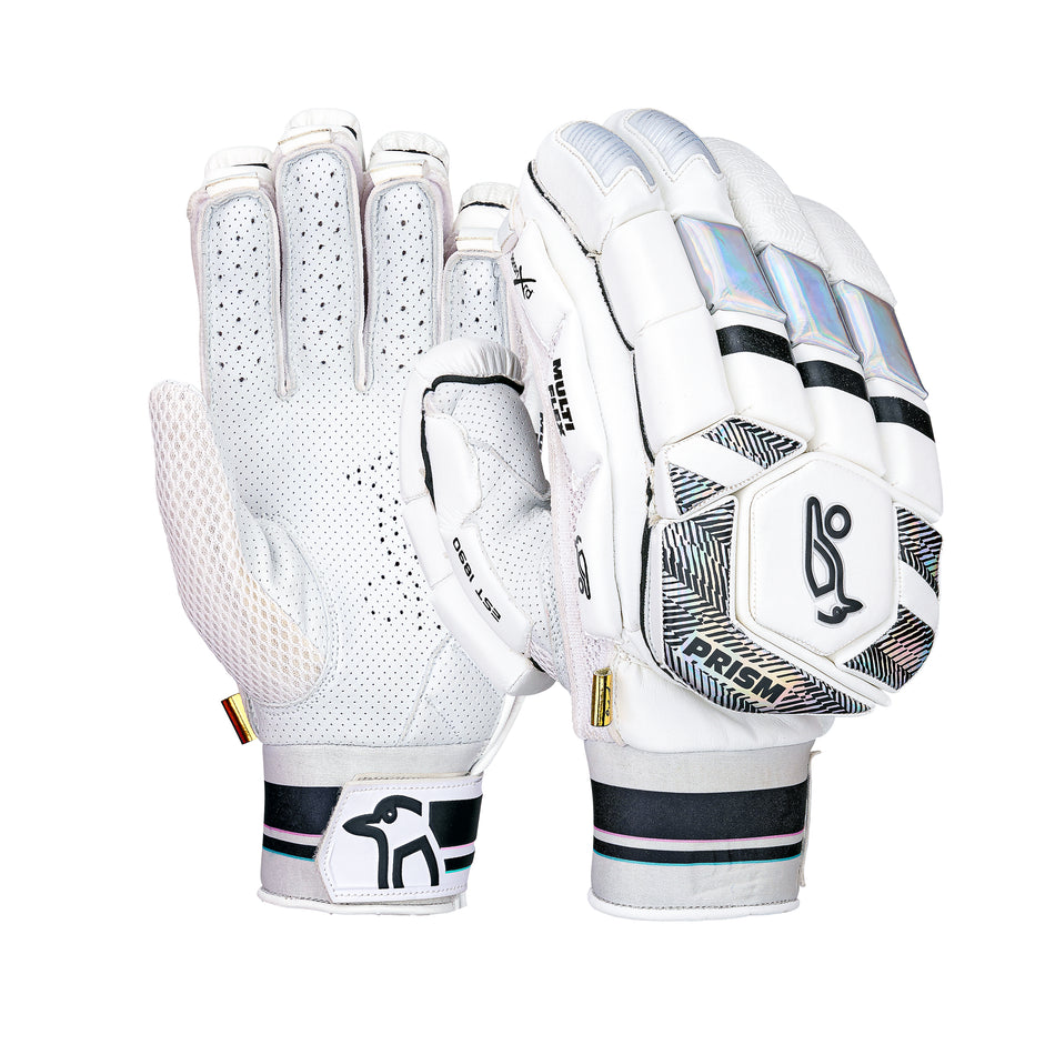 The Kookaburra Prism Pro Batting Gloves 2026 feature a white design with black and silver accents, showcasing a ventilated palm on one glove and geometric padded back with logo and professional impact protection on the other.