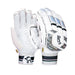 The Kookaburra Prism Pro Batting Gloves 2026 feature a white design with black and silver accents, showcasing a ventilated palm on one glove and geometric padded back with logo and professional impact protection on the other.