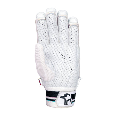 The Kookaburra Prism 2.1 Batting Gloves 2026 feature a white design, black and green striped wrist, perforated material for breathability, sheep leather palm, and a black animal logo on the wristband; shown with palm facing away.