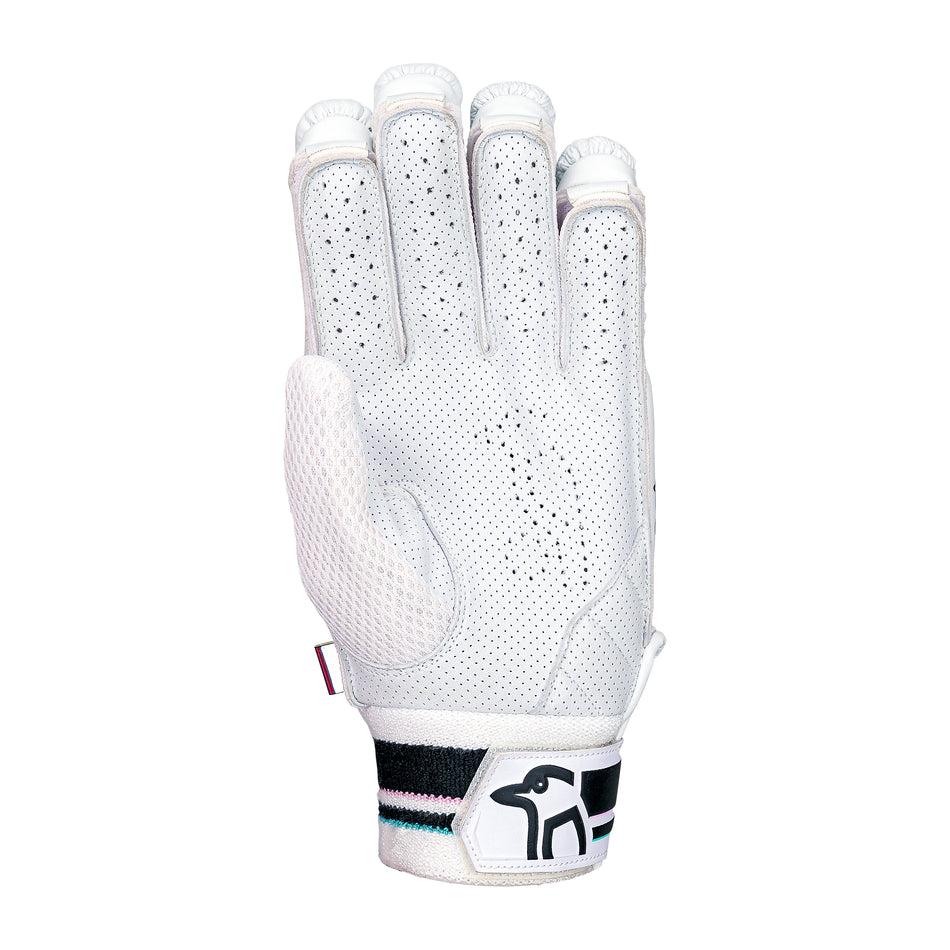 The Kookaburra Prism 2.1 Batting Gloves 2026 feature a white design, black and green striped wrist, perforated material for breathability, sheep leather palm, and a black animal logo on the wristband; shown with palm facing away.