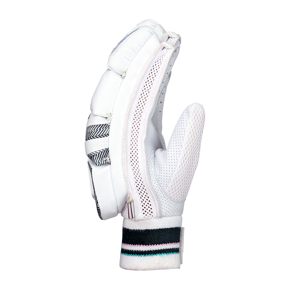 The Kookaburra Prism 2.1 Batting Gloves 2026, shown from the side with black and silver accents, feature padded sections, mesh ventilation, a Velcro wrist strap, and a durable sheep leather palm.