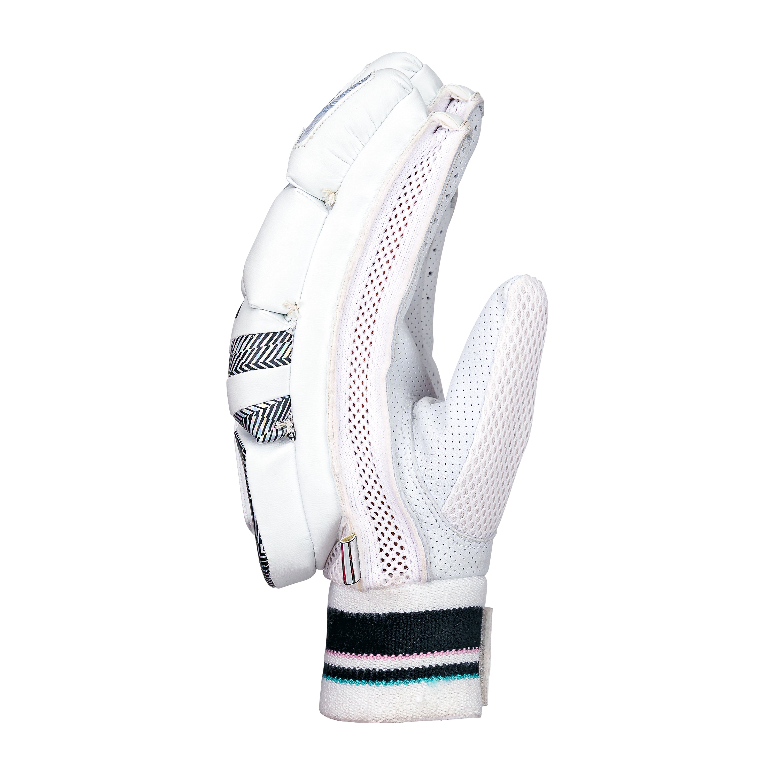 The Kookaburra Prism 2.1 Batting Gloves 2026, shown from the side with black and silver accents, feature padded sections, mesh ventilation, a Velcro wrist strap, and a durable sheep leather palm.
