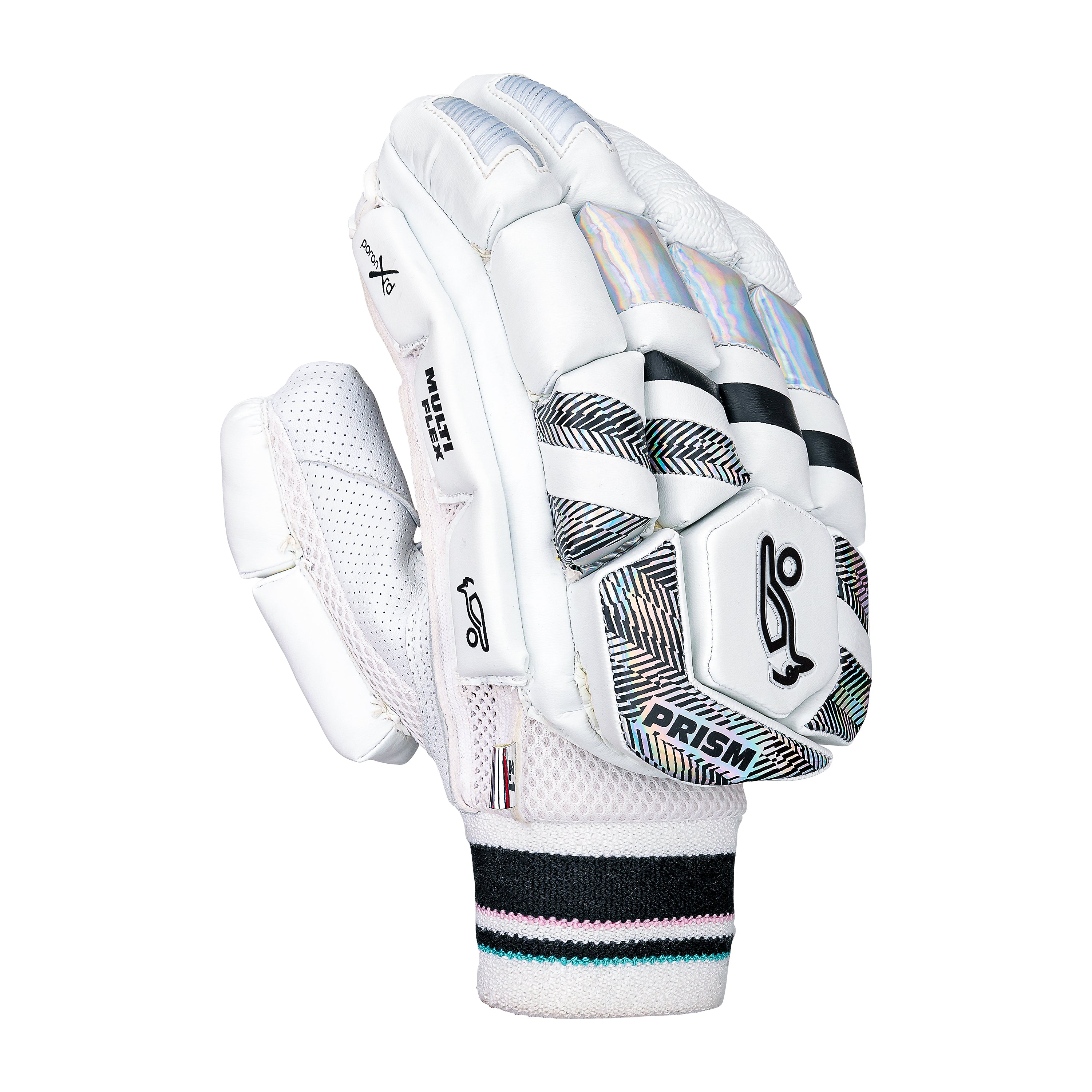The Kookaburra Prism 2.1 Batting Gloves 2026 by Kookaburra offer a sheep leather palm, mesh ventilation, padded protection, signature branding, and a striped blue, pink, and black wristband with black and silver accents.