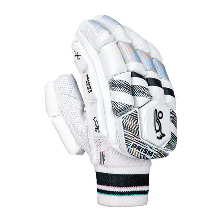 The Kookaburra Prism 2.1 Batting Gloves 2026 by Kookaburra offer a sheep leather palm, mesh ventilation, padded protection, signature branding, and a striped blue, pink, and black wristband with black and silver accents.