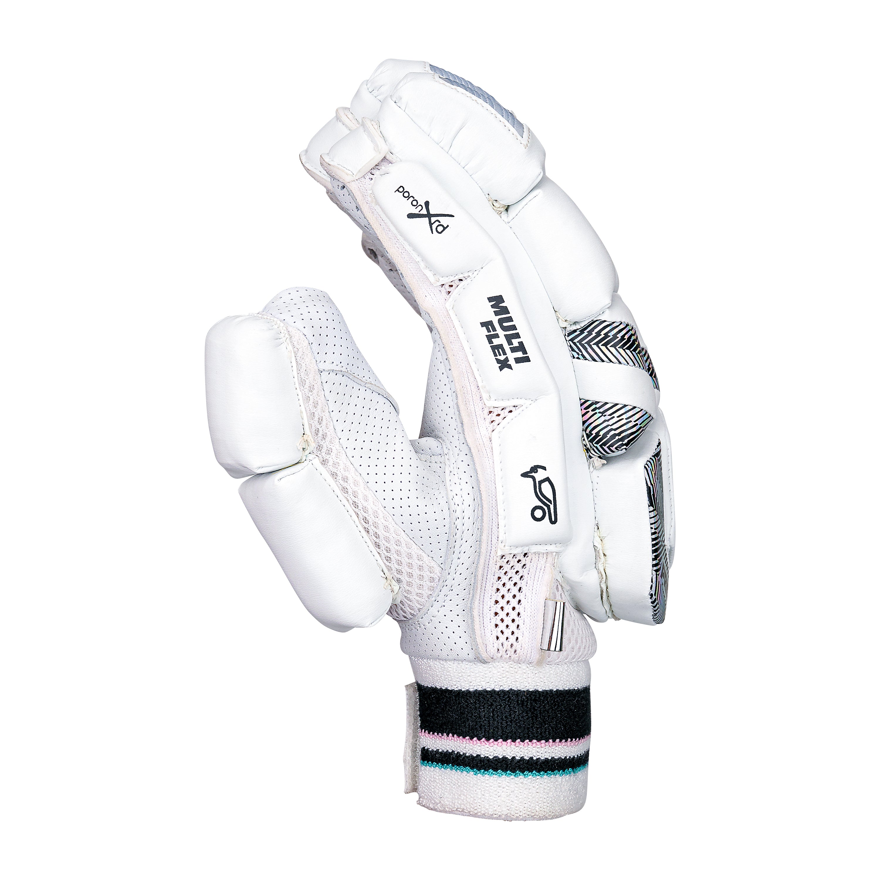 A single Kookaburra Prism 2.1 Batting Glove 2026 in black and teal, featuring mesh ventilation, padded fingers, and a sheep leather palm is shown upright on a plain white background.