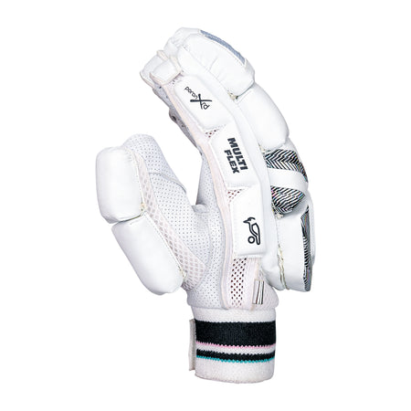 A single Kookaburra Prism 2.1 Batting Glove 2026 in black and teal, featuring mesh ventilation, padded fingers, and a sheep leather palm is shown upright on a plain white background.
