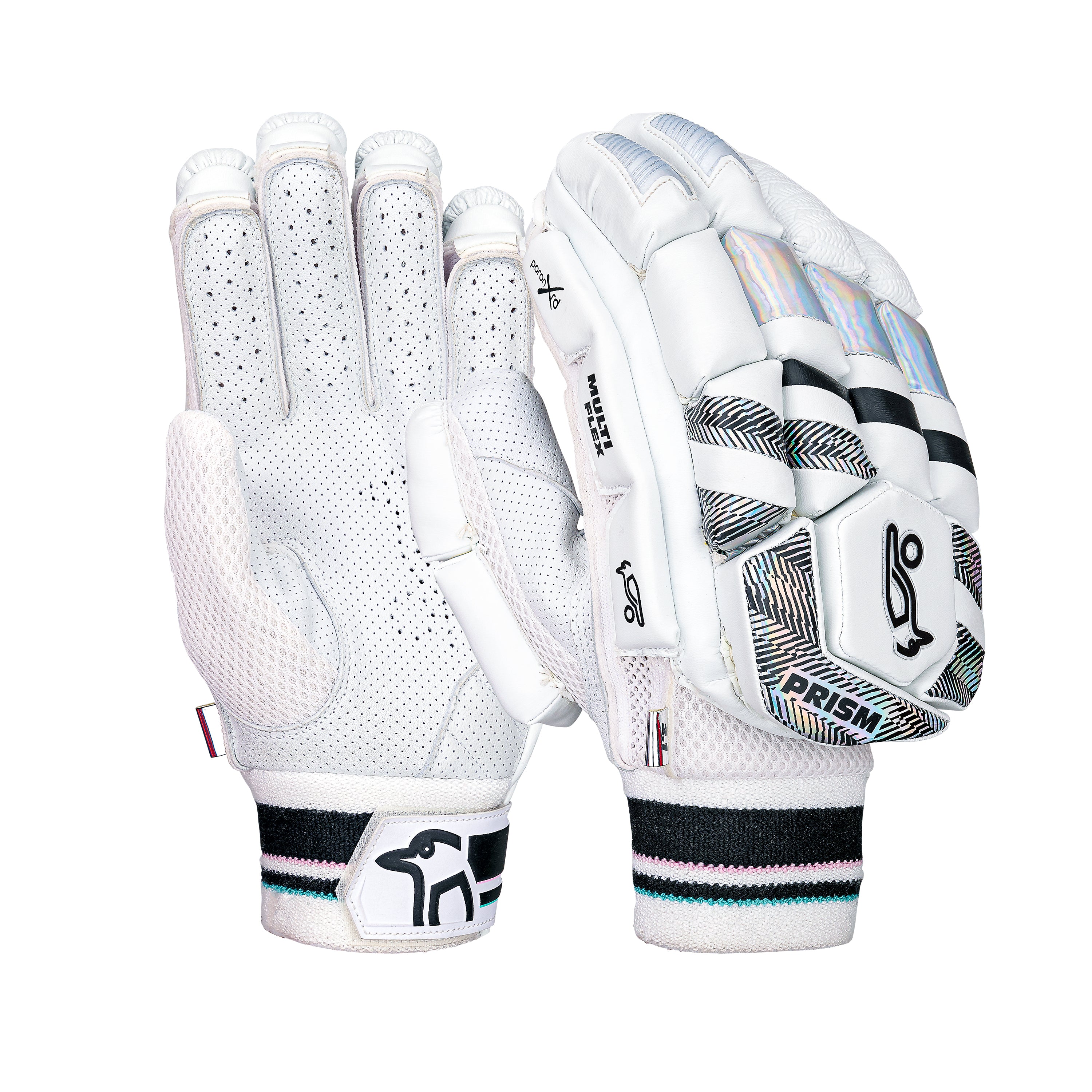 The Kookaburra Prism 2.1 Batting Gloves 2026 feature black, silver, and light blue accents, a sheep leather palm on one glove, padded protection on the other, and a stylized bird logo.