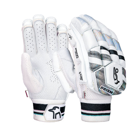 The Kookaburra Prism 2.1 Batting Gloves 2026 feature black, silver, and light blue accents, a sheep leather palm on one glove, padded protection on the other, and a stylized bird logo.