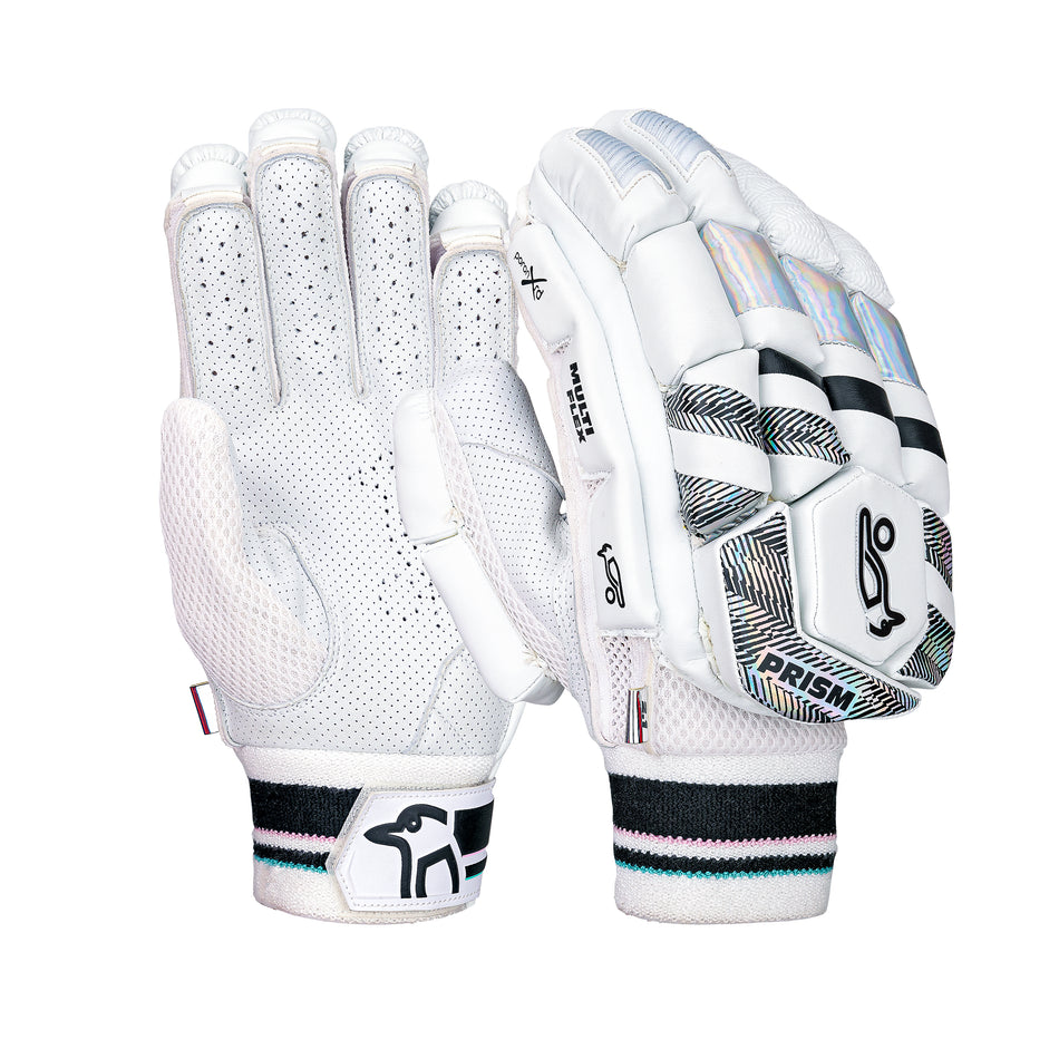 The Kookaburra Prism 2.1 Batting Gloves 2026 feature black, silver, and light blue accents, a sheep leather palm on one glove, padded protection on the other, and a stylized bird logo.