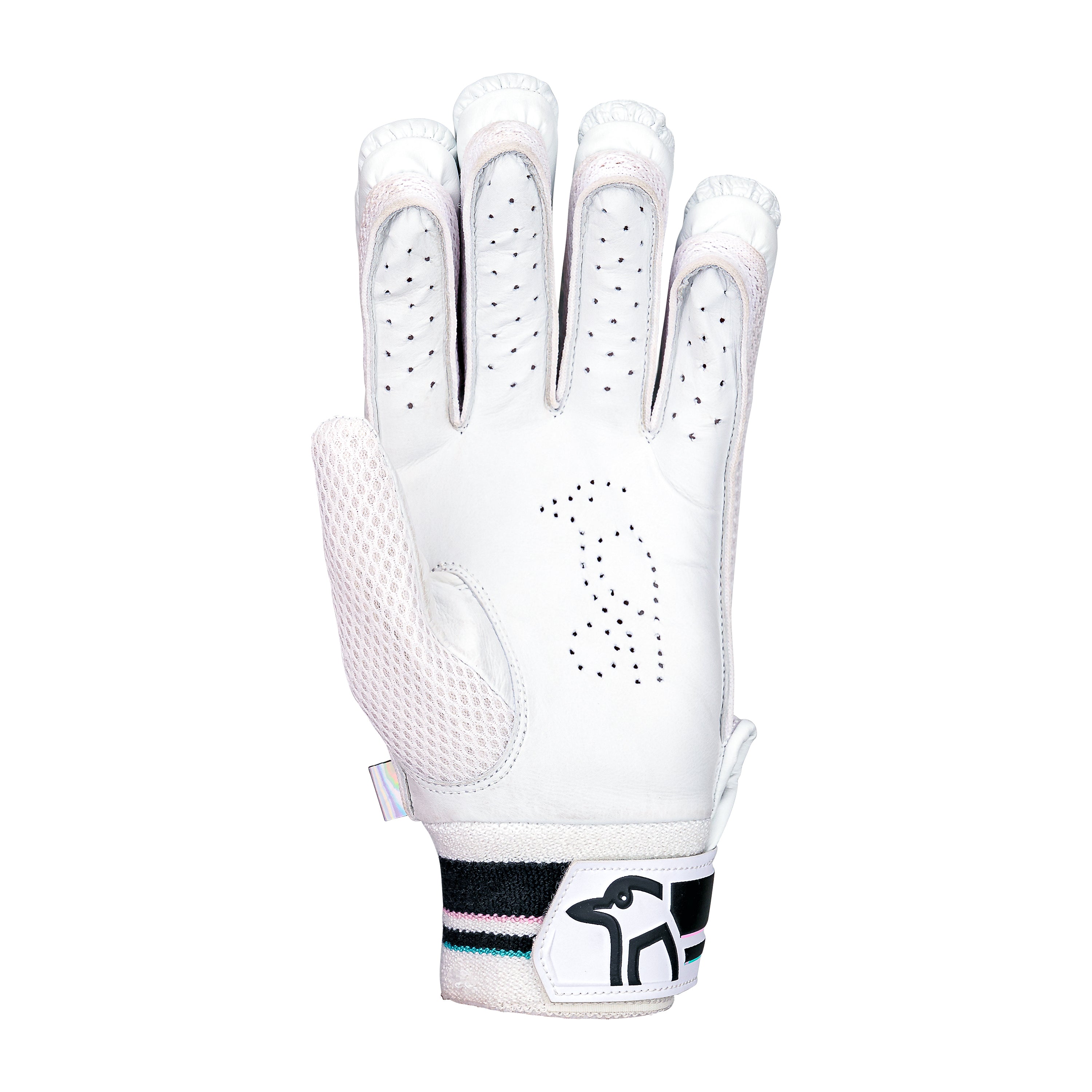 The Kookaburra Prism 4.1 Batting Gloves 2026 feature a white design with mesh sides, ventilation holes, an adjustable wrist strap with the Kookaburra logo, and a durable leather palm similar to cricket batting gloves, shown with the palm facing forward.