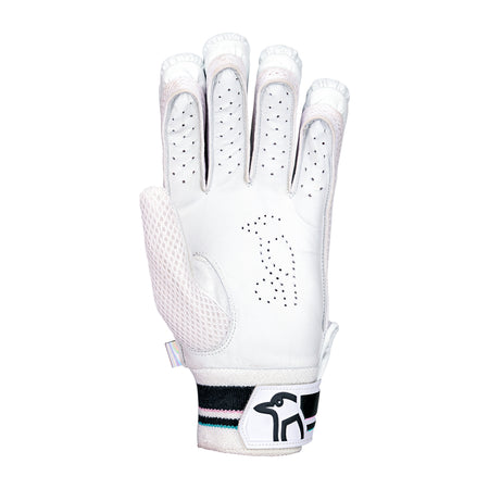The Kookaburra Prism 4.1 Batting Gloves 2026 feature a white design with mesh sides, ventilation holes, an adjustable wrist strap with the Kookaburra logo, and a durable leather palm similar to cricket batting gloves, shown with the palm facing forward.