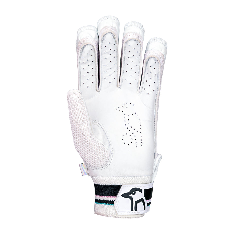 The Kookaburra Prism 4.1 Batting Gloves 2026 feature a white design with mesh sides, ventilation holes, an adjustable wrist strap with the Kookaburra logo, and a durable leather palm similar to cricket batting gloves, shown with the palm facing forward.