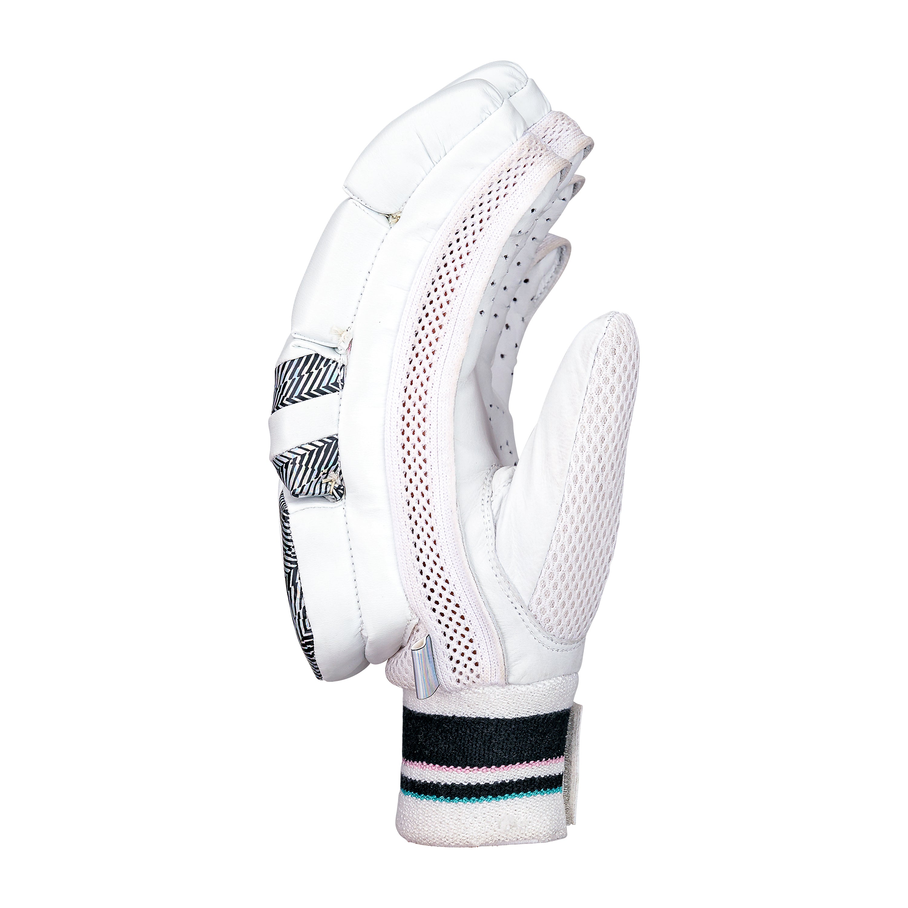 A single Kookaburra Prism 4.1 Batting Glove 2026 by Kookaburra, shown from the side on a white background, features black and teal accents, padded sections, mesh ventilation, a durable leather palm, and an adjustable wrist strap.