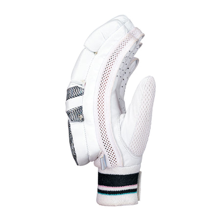 A single Kookaburra Prism 4.1 Batting Glove 2026 by Kookaburra, shown from the side on a white background, features black and teal accents, padded sections, mesh ventilation, a durable leather palm, and an adjustable wrist strap.