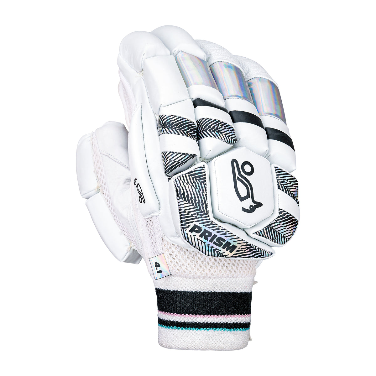 The Kookaburra Prism 4.1 Batting Gloves 2026 feature a white design with black and silver accents, “PRISM” logo, chevron patterns, padded fingers, durable leather palm, and a wristband with black, pink, and teal stripes—ideal for any cricketer.