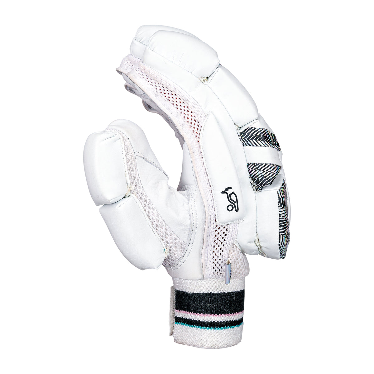 The Kookaburra Prism 4.1 Batting Glove 2026 by Kookaburra features padded fingers, a durable leather palm, mesh ventilation, a black-striped wristband, and a small black logo, displayed upright on a white background.
